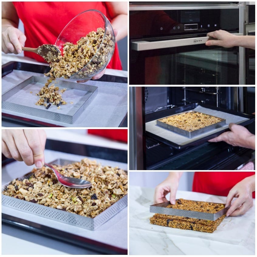 Composto di cereali e frutta secca versato nella forma, cotto in forno e sformato in un blocco compatto