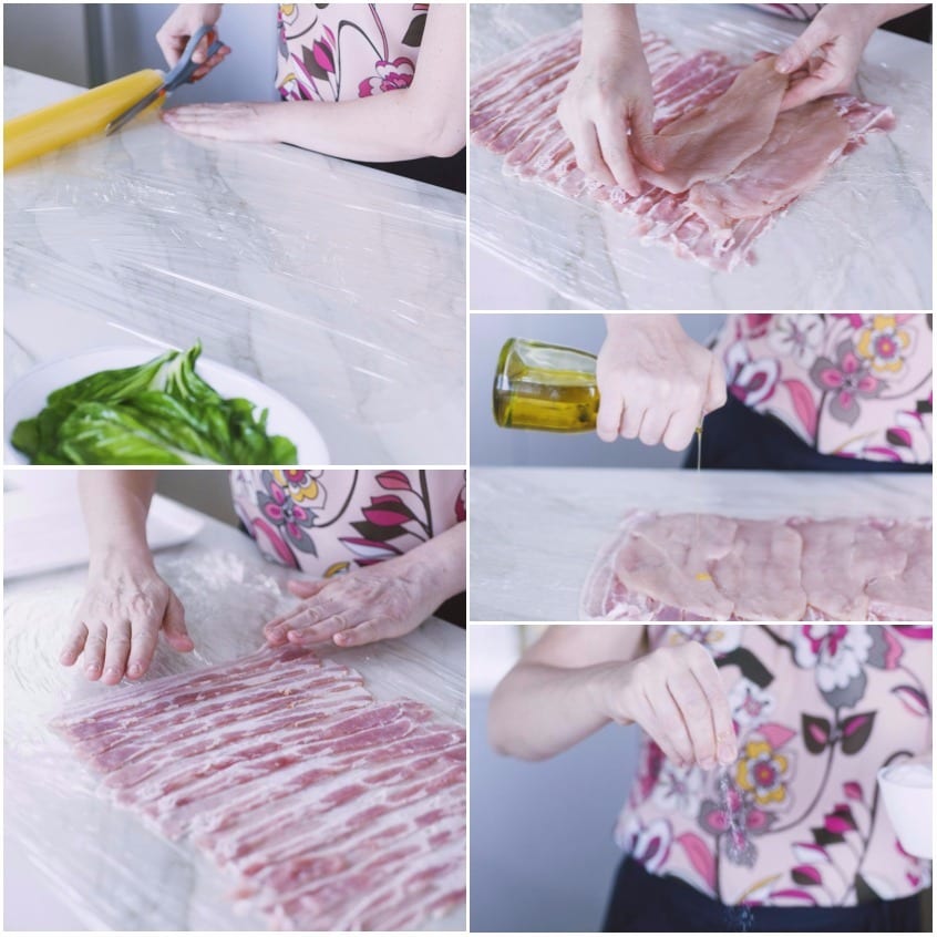 Fette di bacon disposte a rettangolo sulla pellicola, con il pollo adagiato sopra e un filo d'olio versato