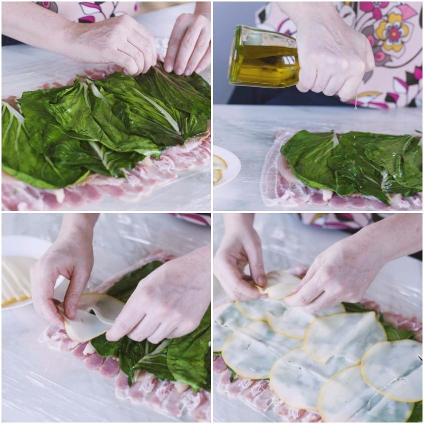 Foglie di coste stese sulla pancetta, irrorate d'olio e coperte con fette di scamorza
