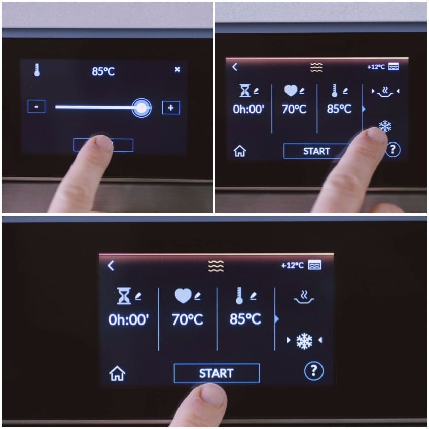 Dito che imposta 85°C sul display touch del forno e avvia la cottura con raffreddamento automatico