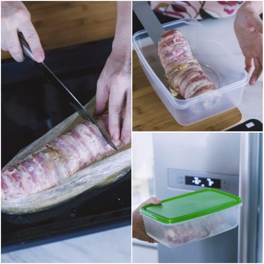 Rollè avvolto nel bacon estratto dalla busta e trasferito in un contenitore per la conservazione in frigorifero