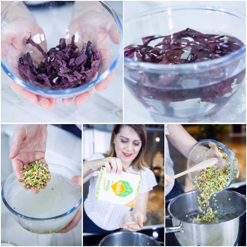 Alghe rosse in ammollo, cereali sciacquati e versati in acqua salata bollente