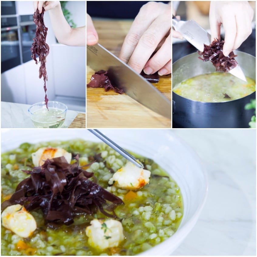 Alga rossa tenuta in mano, poi tagliata e aggiunta alla zuppa di cereali con gamberi