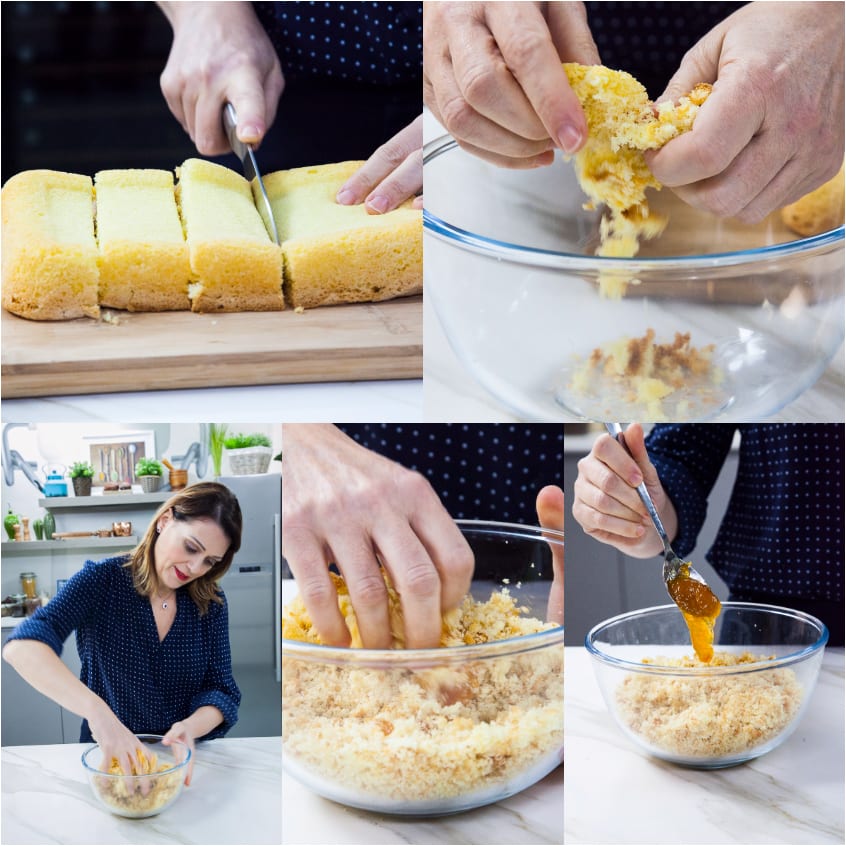 Pan di Spagna tagliato a fette, sbriciolato a mano e mescolato con confettura per i cake pops
