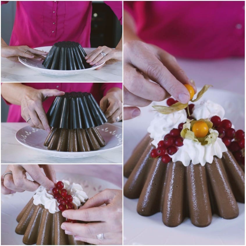 Sformatura del budino al cioccolato e decorazione con panna montata, ribes e alchechengi
