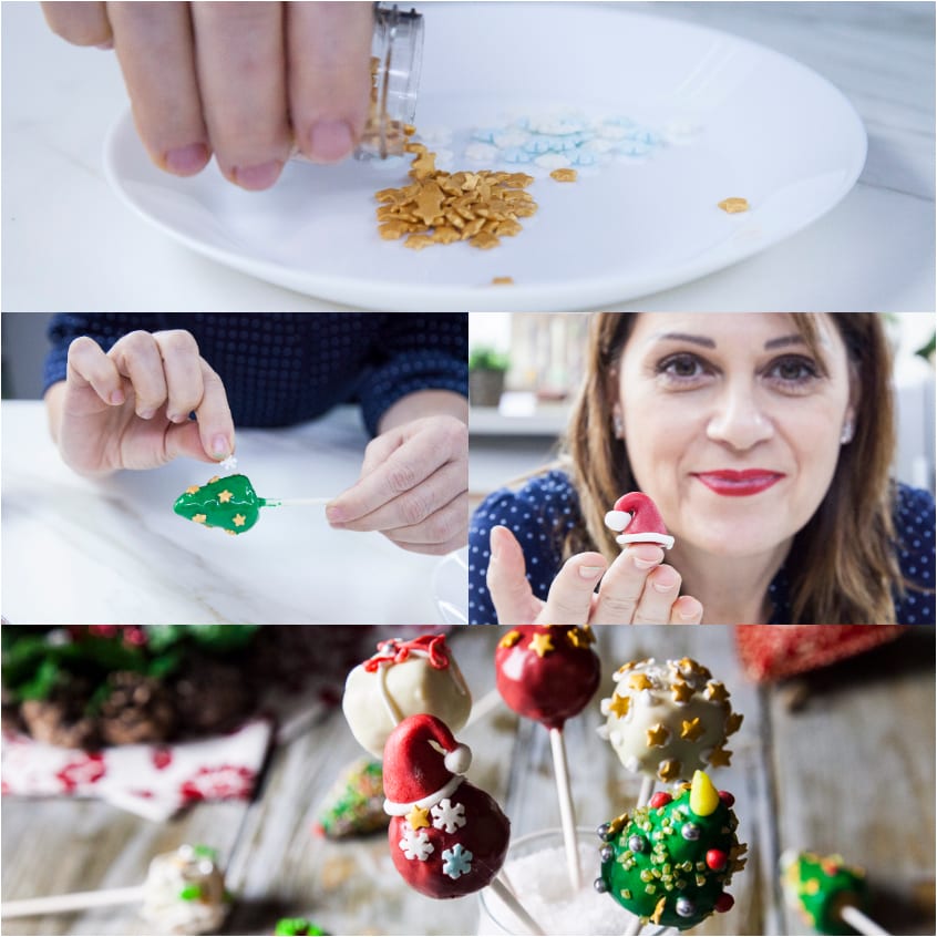 Decorazione dei cake pops natalizi con stelline dorate, cappellino di pasta di zucchero e glassa colorata