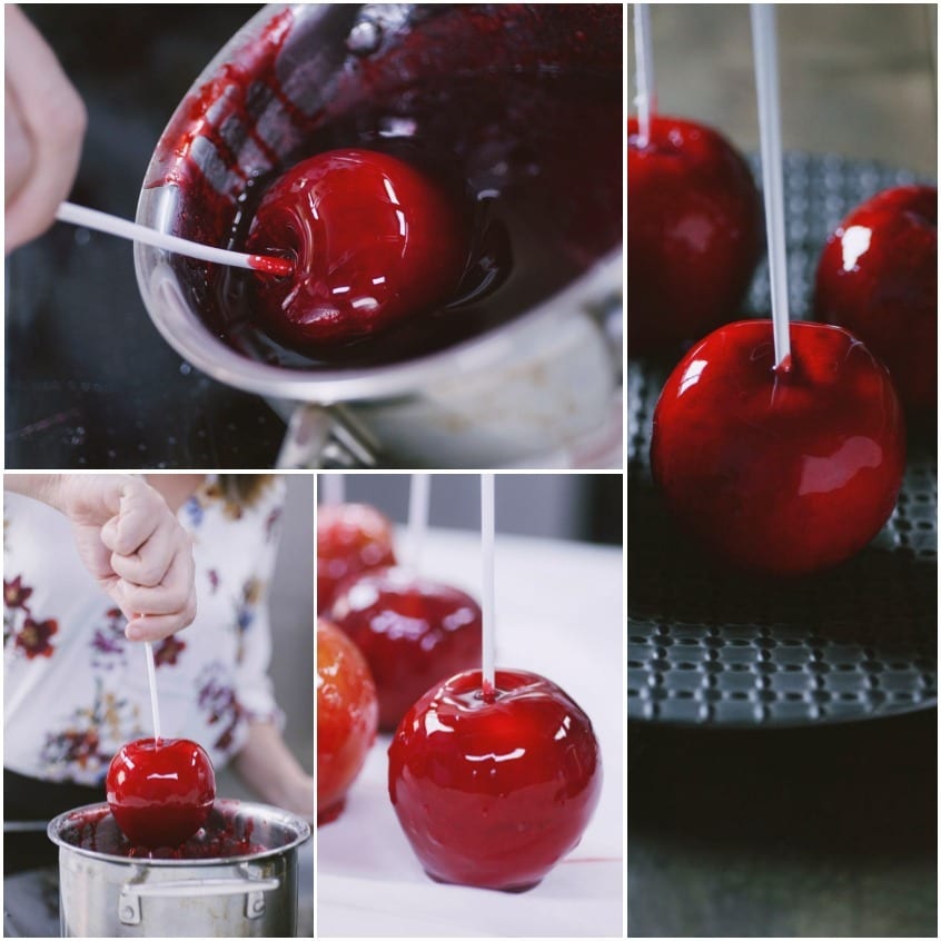 Mele caramellate intinte nel caramello rosso lucido e messe ad asciugare su stecco