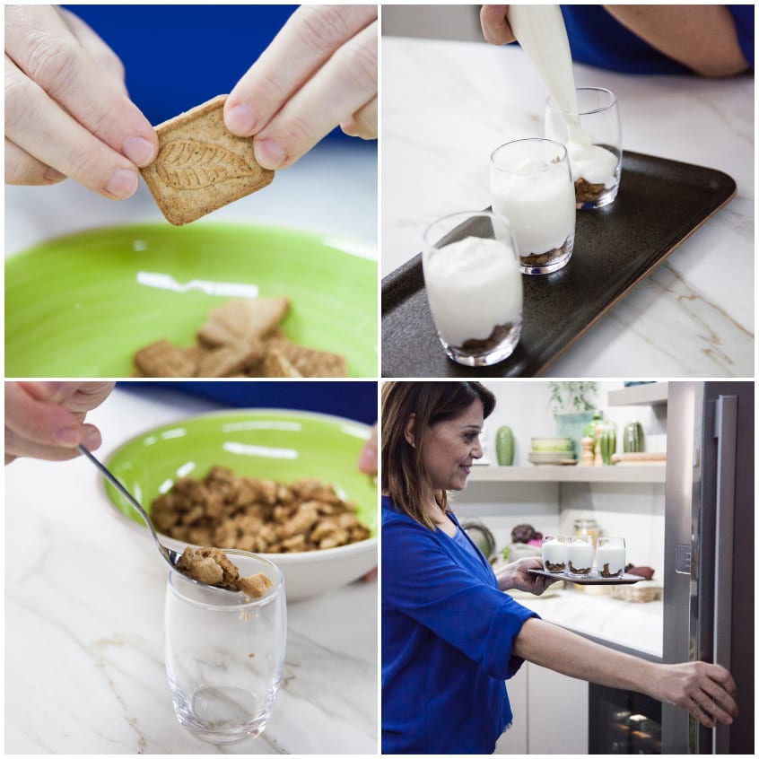 Biscotti sbriciolati sul fondo dei bicchieri, mousse allo yogurt versata sopra e riposta in frigo