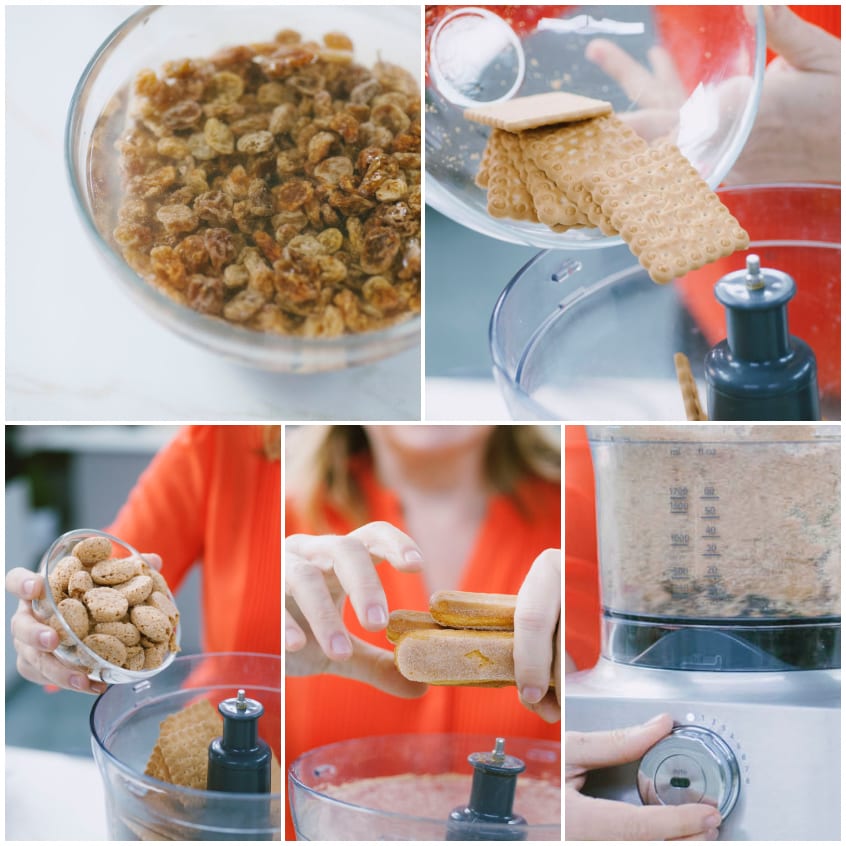 Biscotti, amaretti e savoiardi versati nel food processor insieme ad uvetta ammollata e mandorle