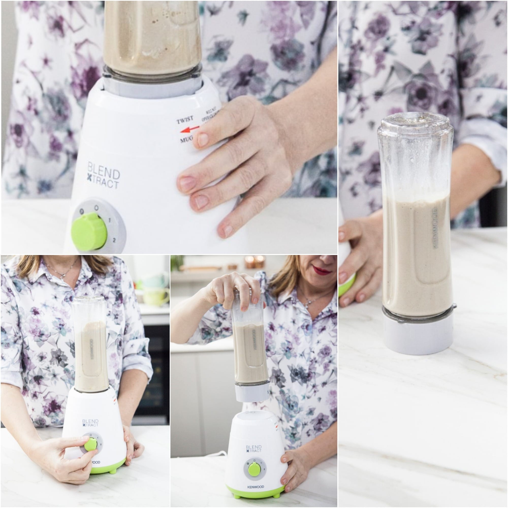 Frullato cremoso di banana, caffè e vaniglia appena frullato, pronto da staccare dal frullatore