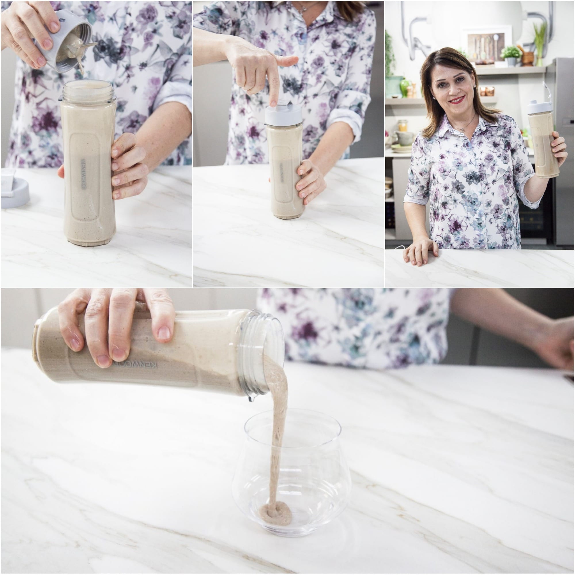 Smoothie cremoso versato dal frullatore portatile in un bicchiere