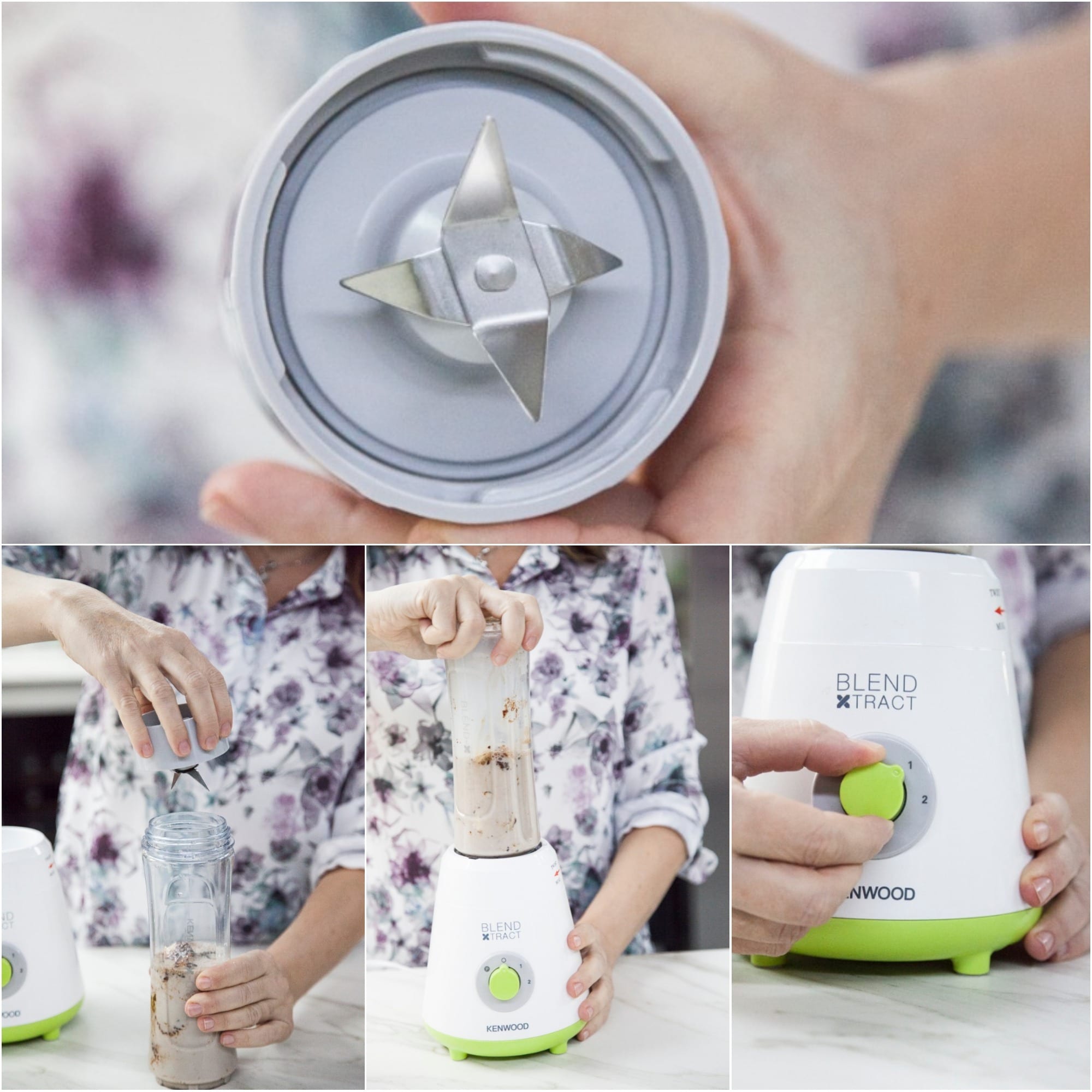 Mani che avvitano il coperchio con lame e azionano il frullatore per preparare lo smoothie