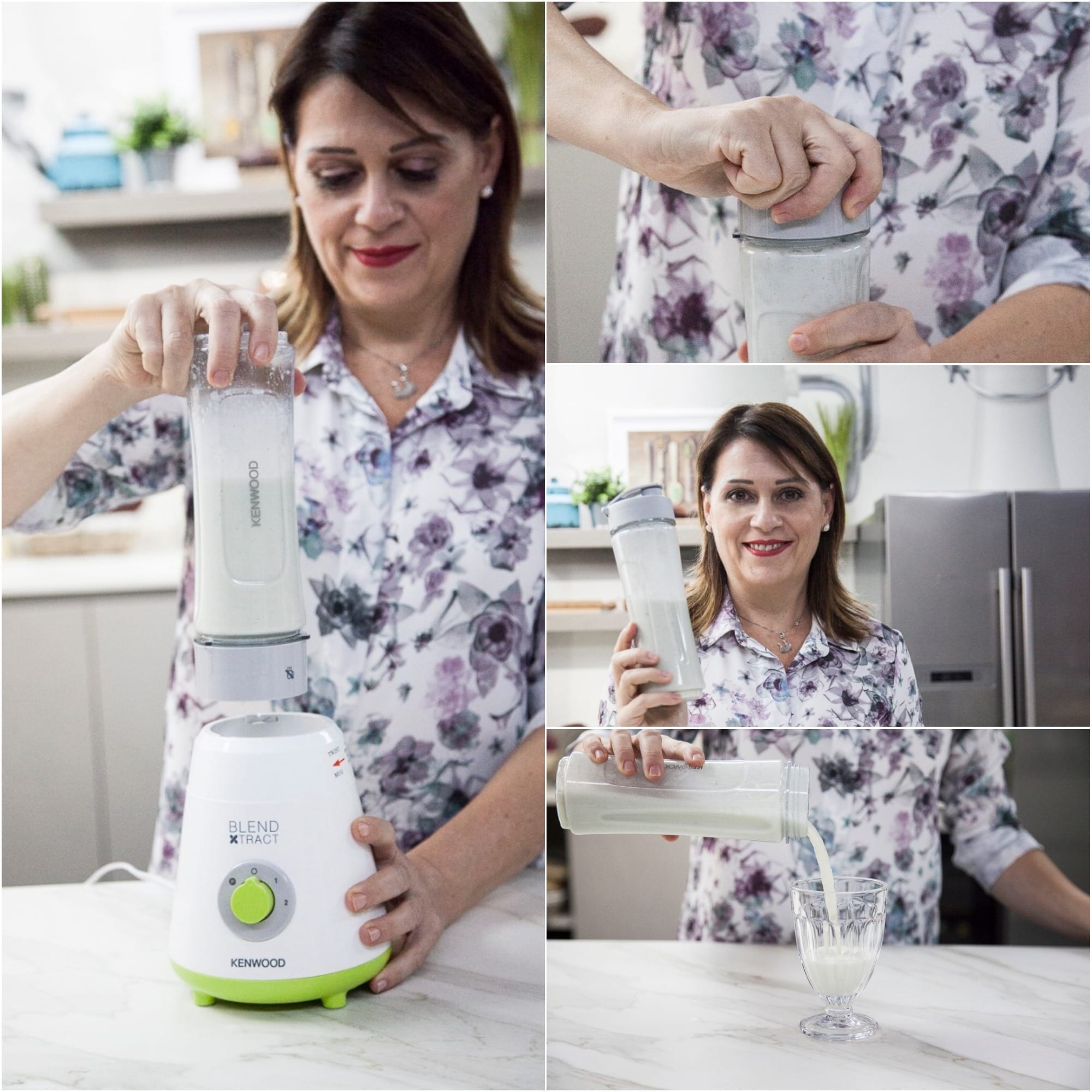 Una donna versa uno smoothie cremoso da un bicchiere da frullatore in un calice trasparente