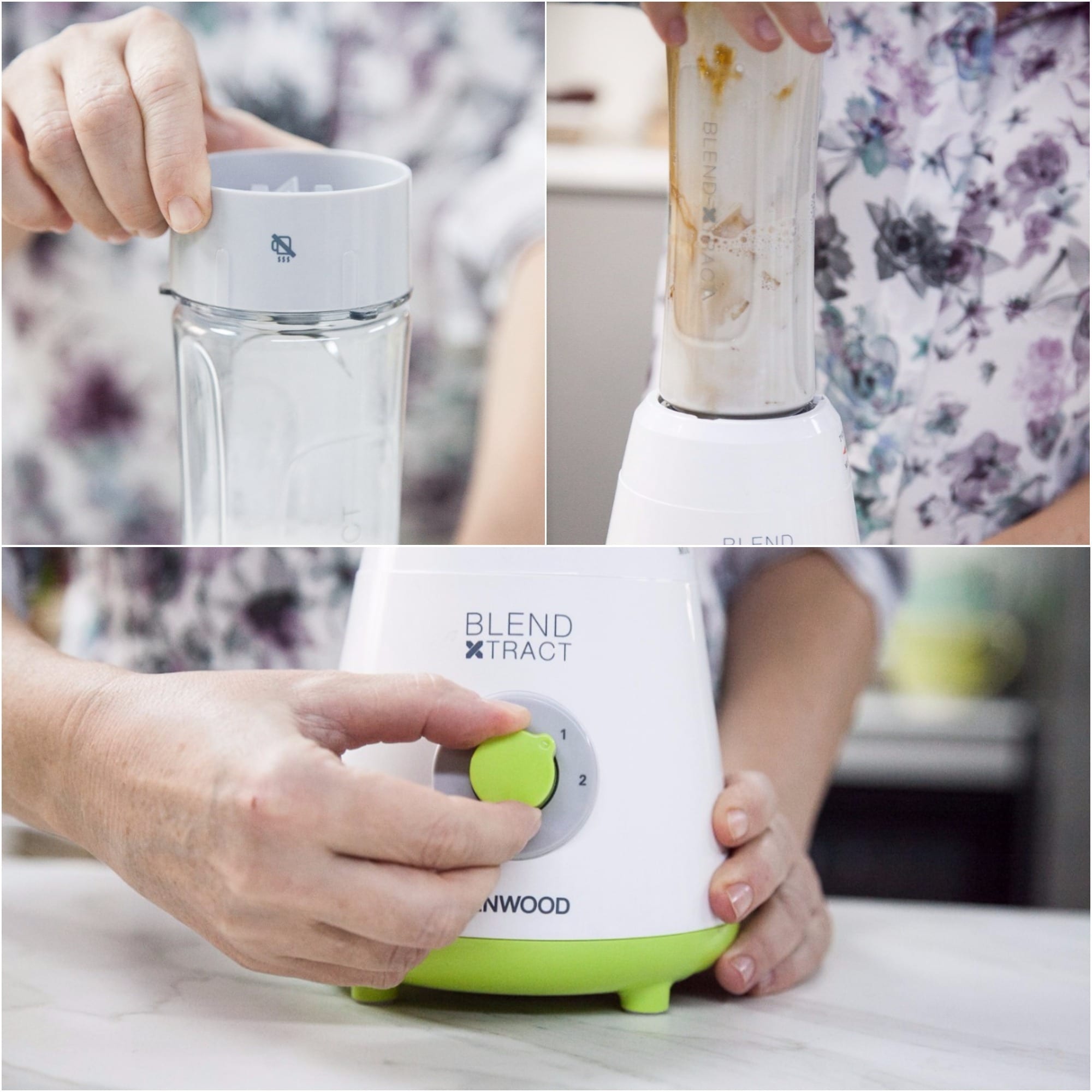 Mani che avvitano il bicchiere al frullatore e azionano il tasto per frullare lo smoothie