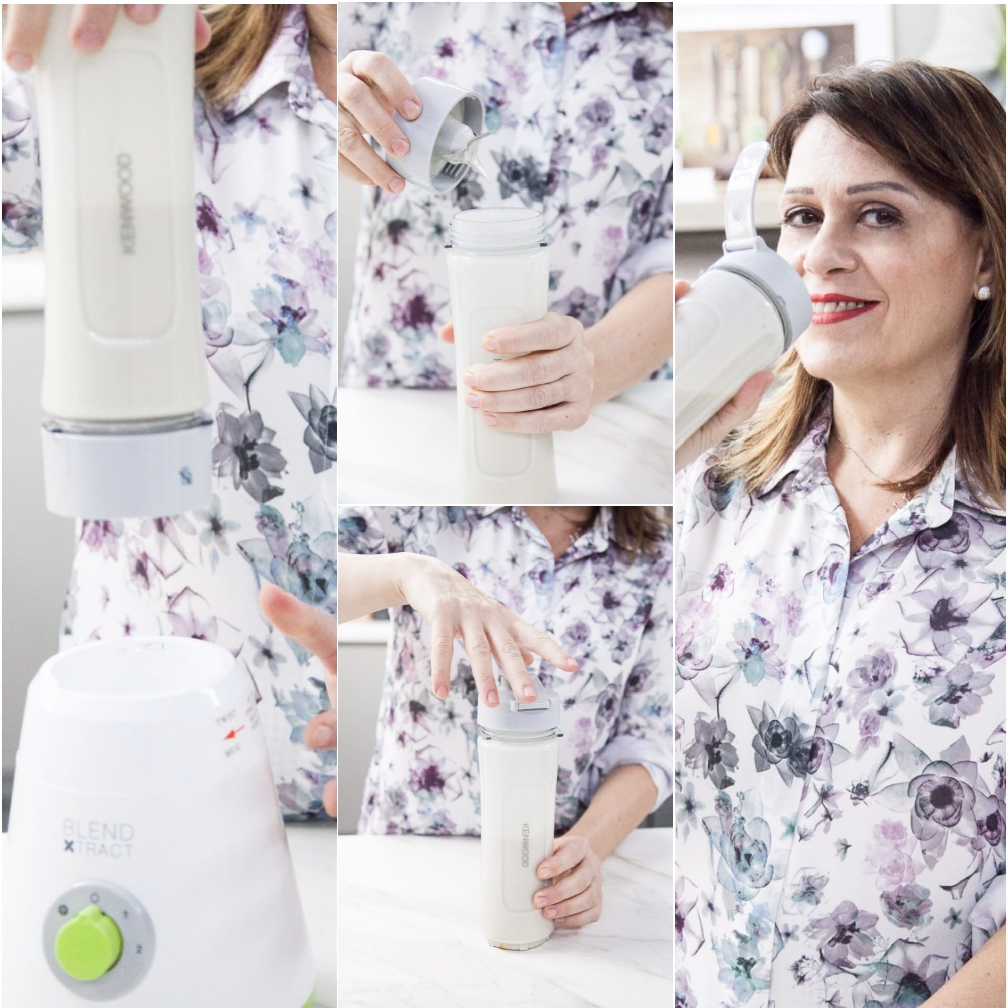 Una donna versa e chiude il contenitore del frullatore con lo smoothie pronto