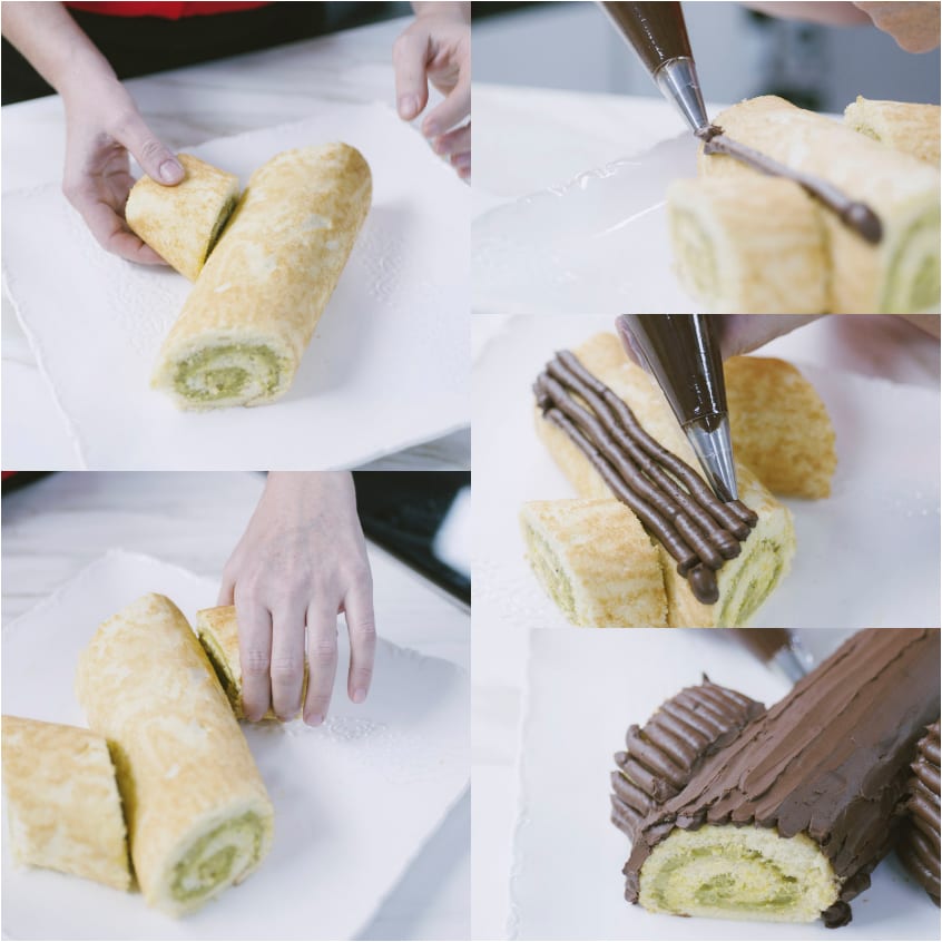 Rotolo di pan di Spagna farcito assemblato e decorato con ganache al cioccolato dalla sac à poche