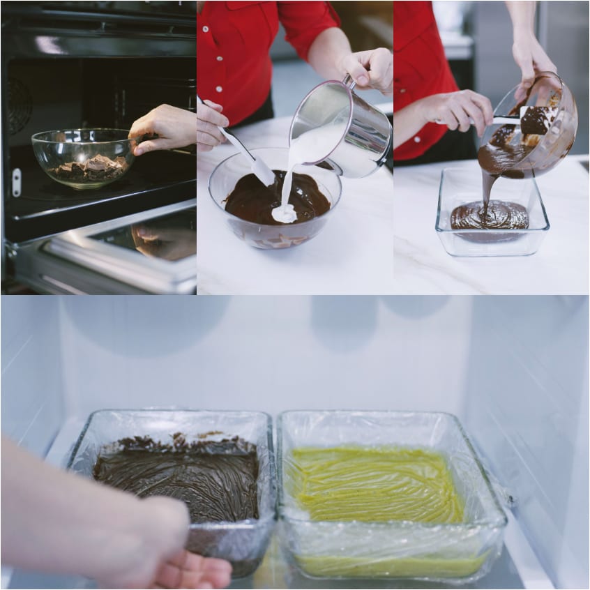 Ganache al cioccolato preparata sciogliendo il cioccolato e incorporando la panna, poi versata in teglia e messa in frigo a rassodare