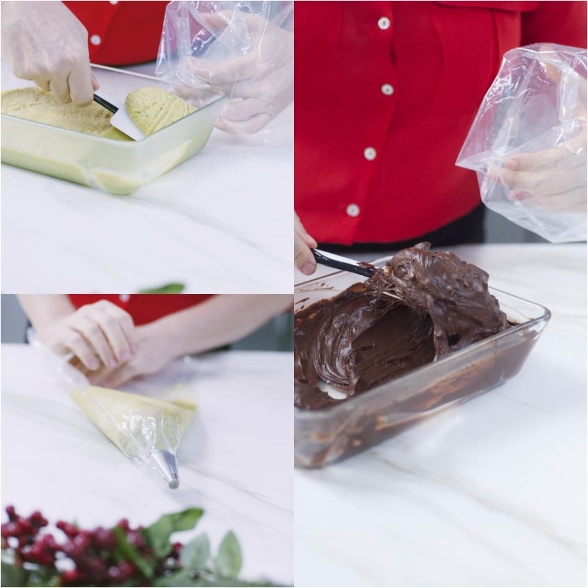Crema al cioccolato spalmata in una pirofila e sac à poche preparata per farcire il tronchetto