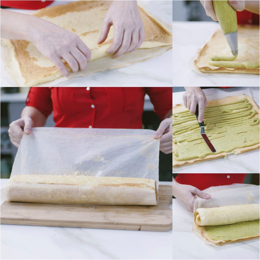 Pasta biscotto arrotolata con farcitura verde distribuita a strisce e avvolta nella pellicola