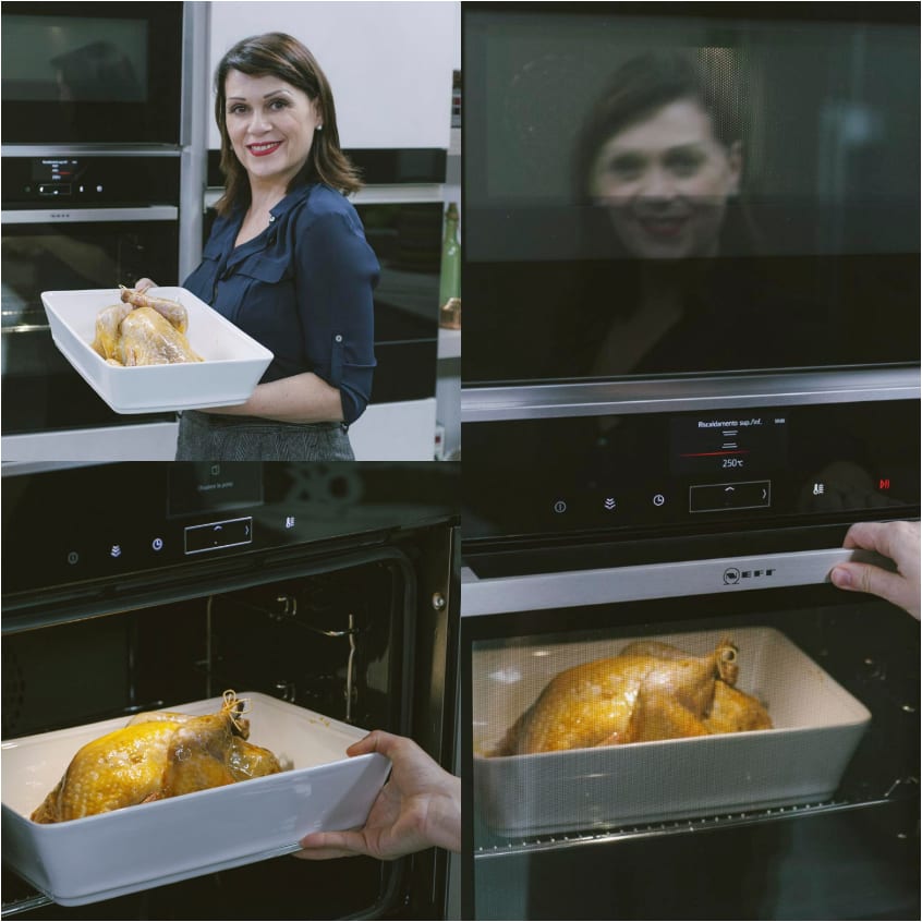 Faraona cruda pronta per il forno, poi estratta dorata e ben rosolata dopo la cottura