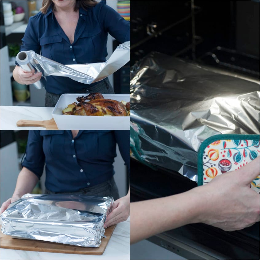 Faraona arrosto coperta con foglio di alluminio e rimessa in forno per completare la cottura