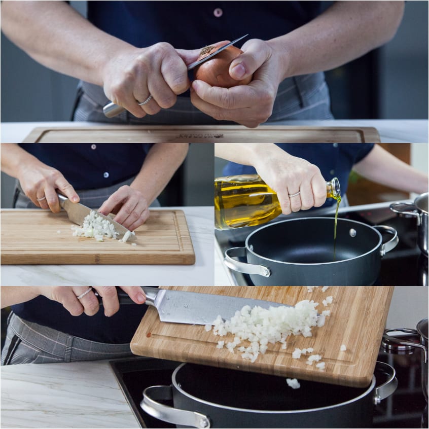 Cipolla tritata finemente sul tagliere, poi versata in padella con un filo d'olio extravergine