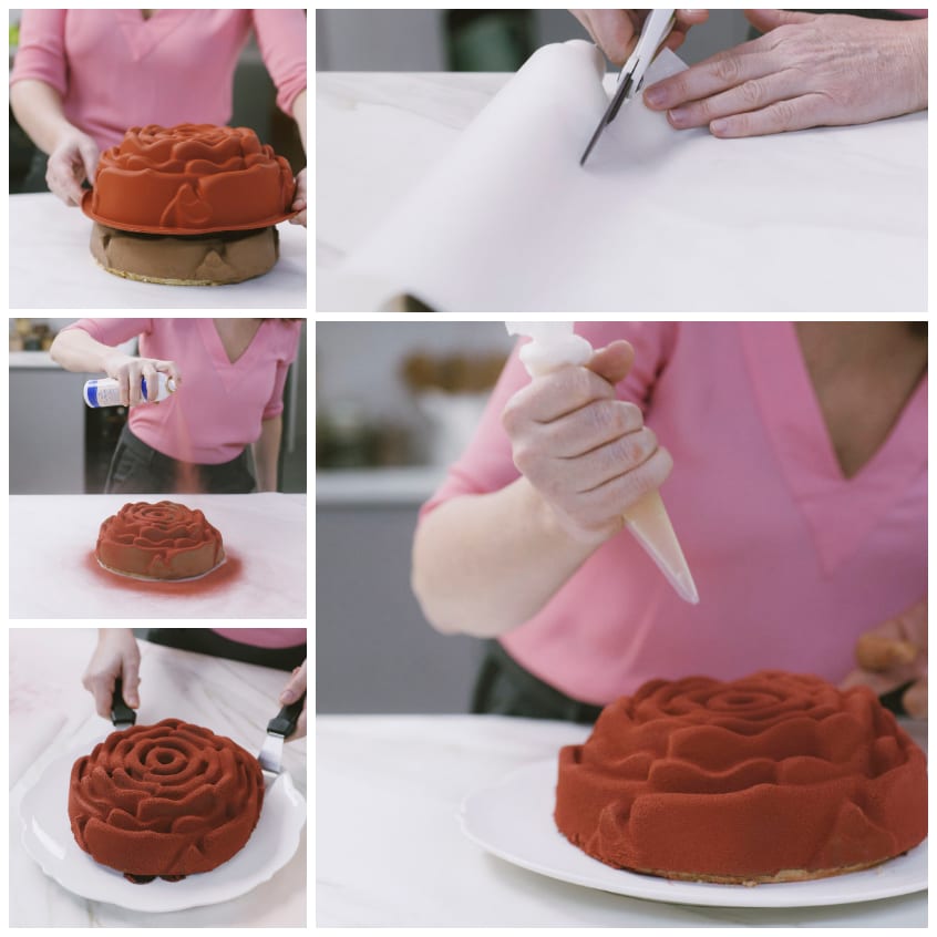 Mousse al cioccolato a forma di rosa sformata e decorata con spray rosso, poi rifinita con sac à poche