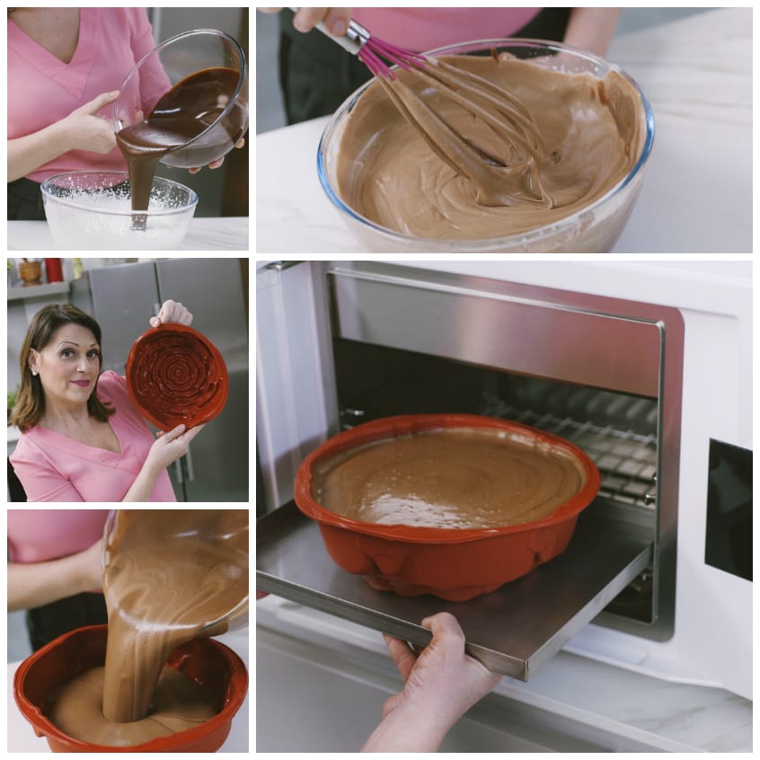 Impasto al cioccolato versato nello stampo in silicone e infornato nel microonde