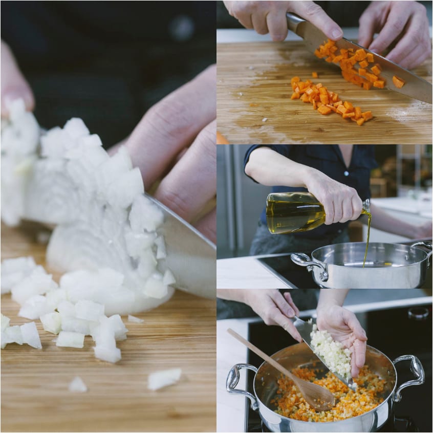 Cipolla tritata sul tagliere, carote a cubetti tagliate a coltello e soffritto che rosola in pentola con olio