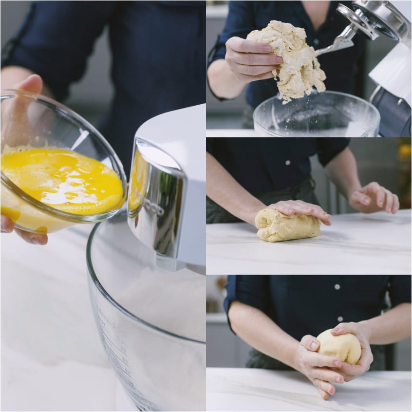Uova sbattute versate nell'impastatrice, poi l'impasto lavorato e modellato a mano sul piano