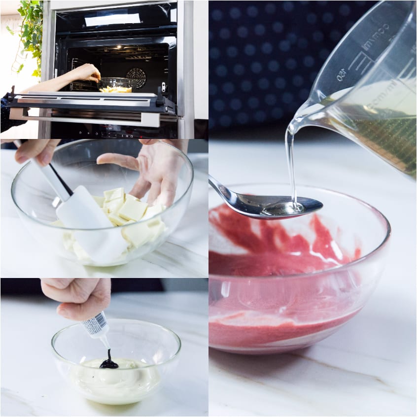 Cioccolato bianco a pezzi in una ciotola, colorante aggiunto e liquido versato per preparare le coperture dei cake pops