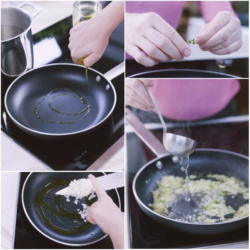 Soffritto di cipolla tritata in padella con olio, timo e un mestolo d'acqua versato a filo