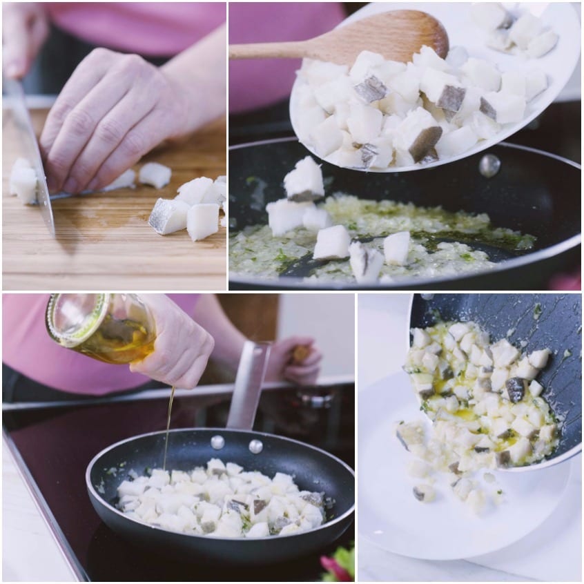 Baccalà tagliato a tocchetti rosolato in padella con soffritto e un filo d'olio