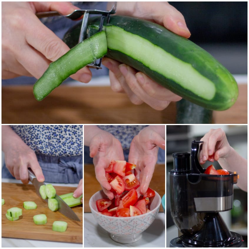 Cetriolo pelato a mano, tocchetti di cetriolo sul tagliere e pomodori a pezzi inseriti nell'estrattore