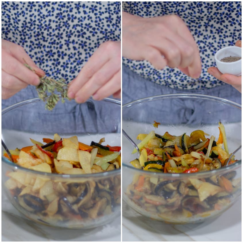 Verdure estive miste condite con origano fresco e pepe in una ciotola
