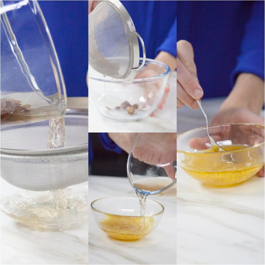 Liquido di ammollo dell'uvetta filtrato e versato in una ciotola, poi mescolato