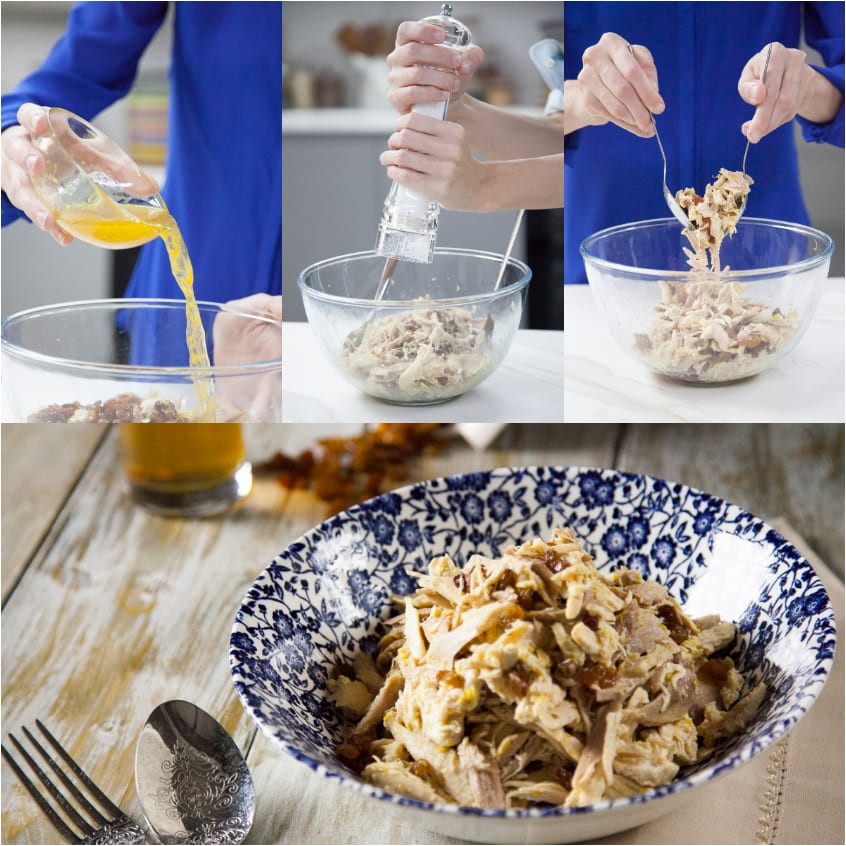 Pollo lesso sfilacciato condito con brodo e pepe, poi mescolato e servito in ciotola