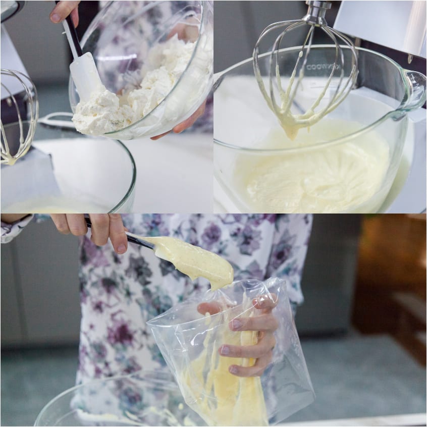 Crema di ricotta montata trasferita in una sac à poche con spatola