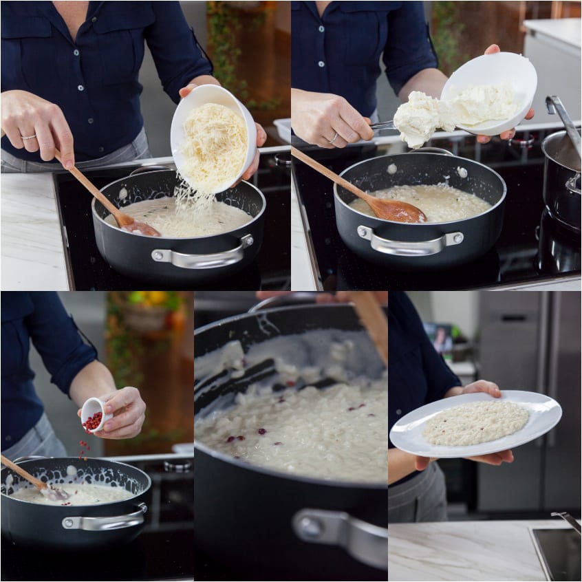Mantecatura del risotto al mascarpone con Grana grattugiato, pepe rosa e impiattamento finale