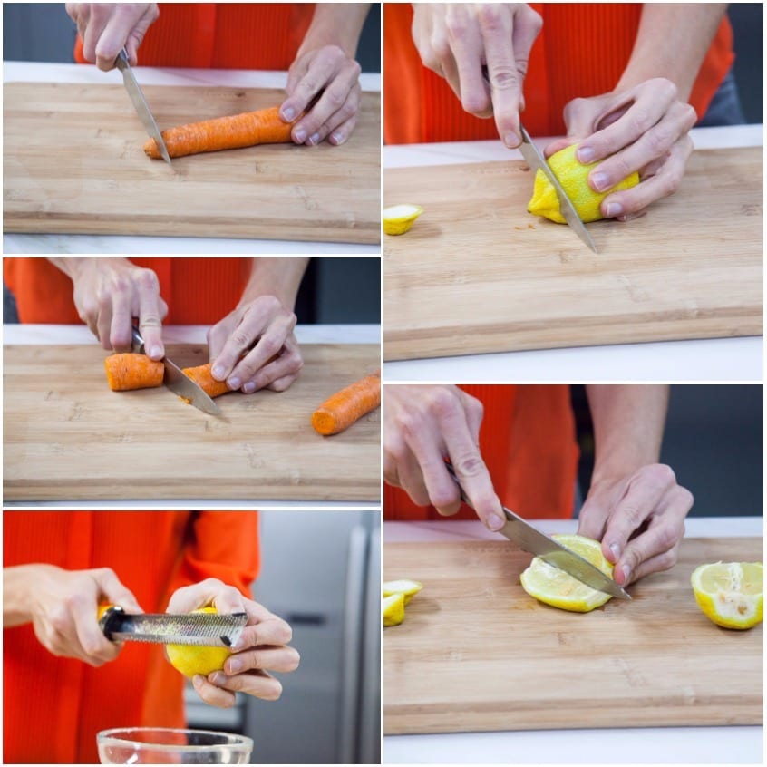 Carote tagliate a tocchetti e limone affettato sul tagliere, con scorza grattugiata
