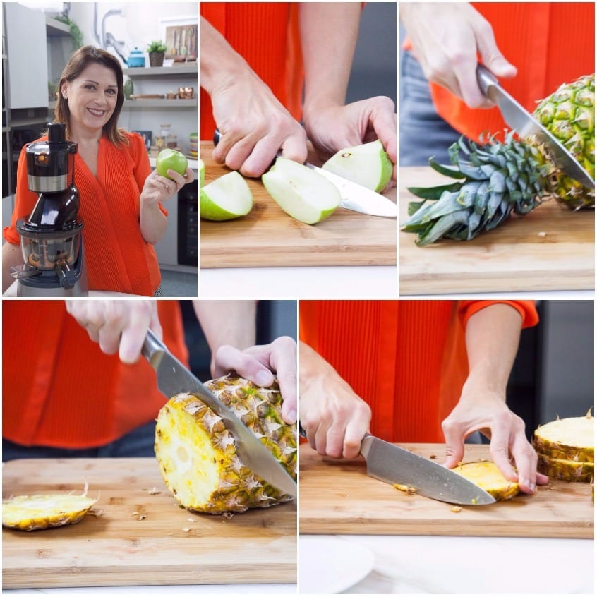 Mela verde tagliata a fette e ananas pulito a pezzi sul tagliere, pronti per l'estrattore
