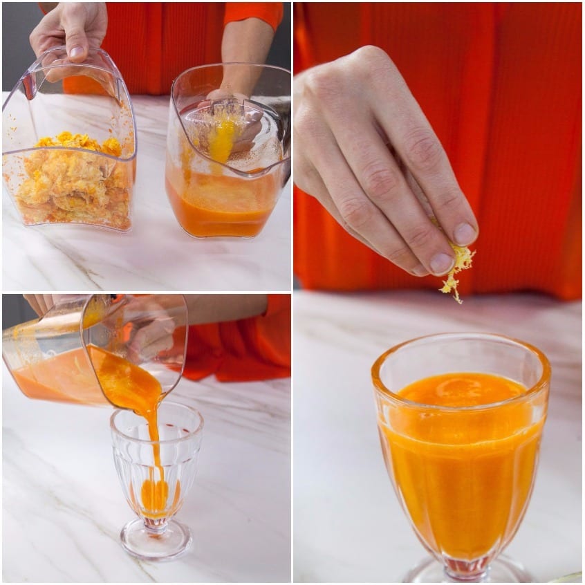 Succo di arancia e carota versato nel bicchiere, con scorza di agrume grattugiata tra le dita