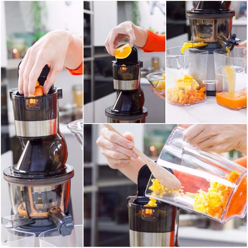 Estrazione del succo di carota e arancia con centrifuga, con gli scarti raccolti nel contenitore