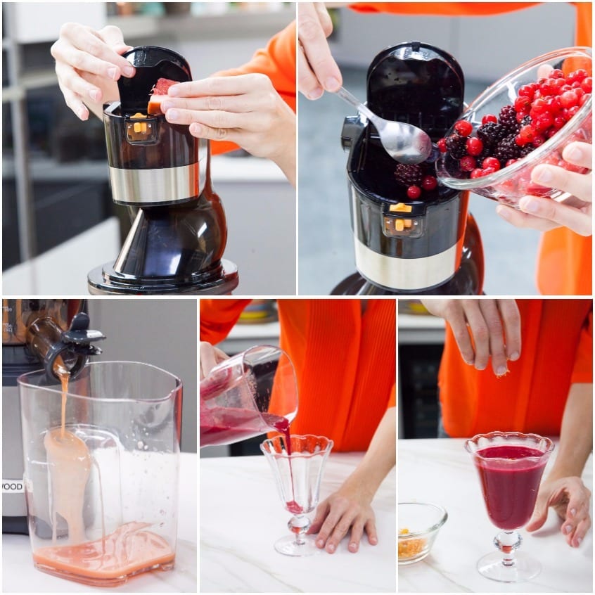 Estrazione del succo con pompelmo rosa, ribes e more, poi versato in un calice