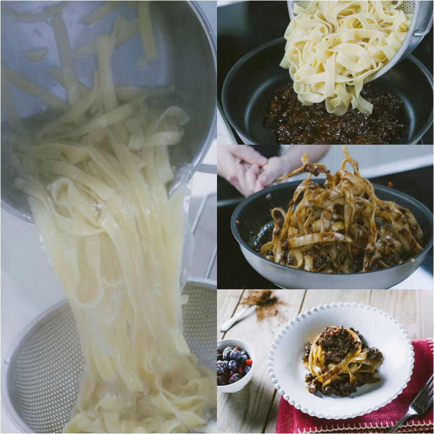 Tagliatelle scolate direttamente nel ragù di anatra, mantecate e impiattate a nido