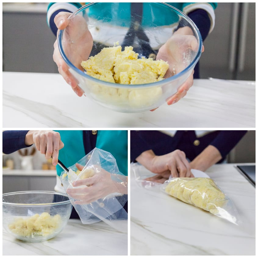 Impasto di patate lavorato a mano e trasferito in un sacchetto per sac-à-poche