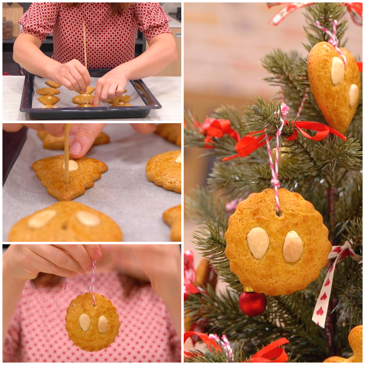 Biscotti al miele con mandorle appesi all'albero di Natale con nastrini colorati