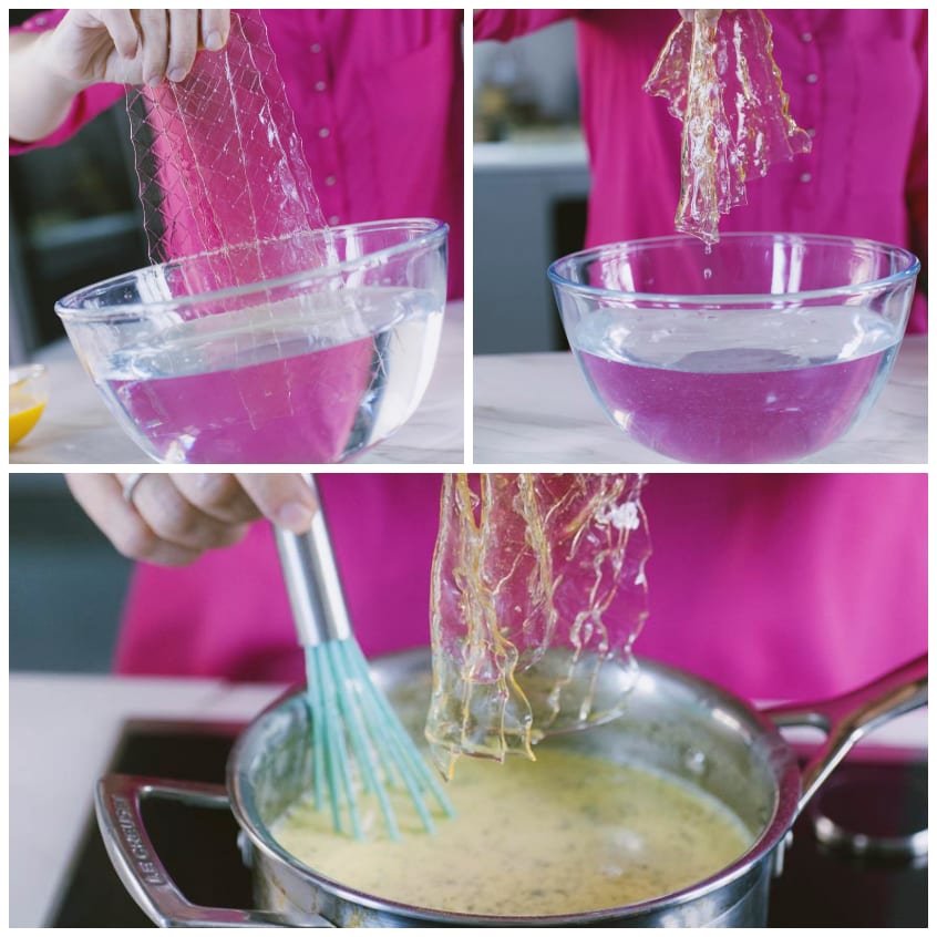 Fogli di colla di pesce ammollati in acqua, poi sciolti nella crema calda mescolando con una frusta