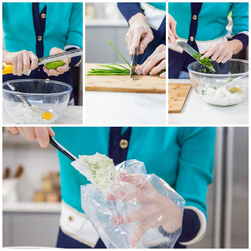 Preparazione del ripieno: scorza di lime grattugiata, erba cipollina tritata e ricotta mescolati, poi trasferiti in una sac à poche