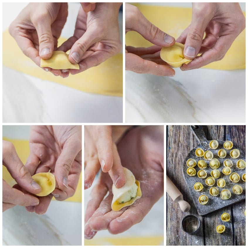Mani che formano i cappellacci unendo e premendo i vertici della pasta, poi i tortellini pronti su vassoio infarinato